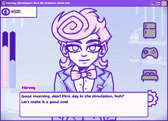 Harvey on the first day in the simulation, with a cash balance and status meters
