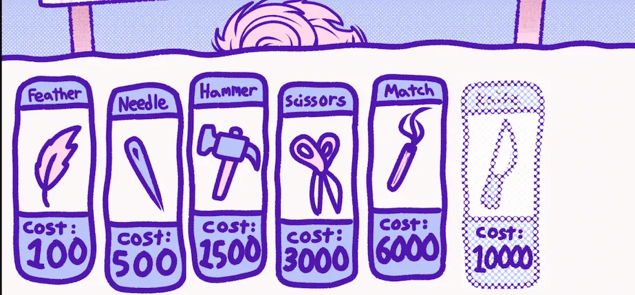 BloodMoney shop with feather, needle, hammer, scissors, and match upgrades