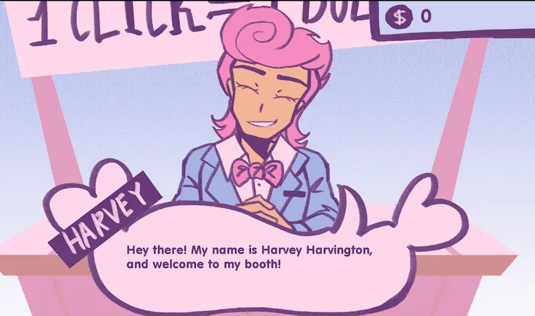 Harvey Harvington welcomes the player to his booth at the start of LoveMoney
