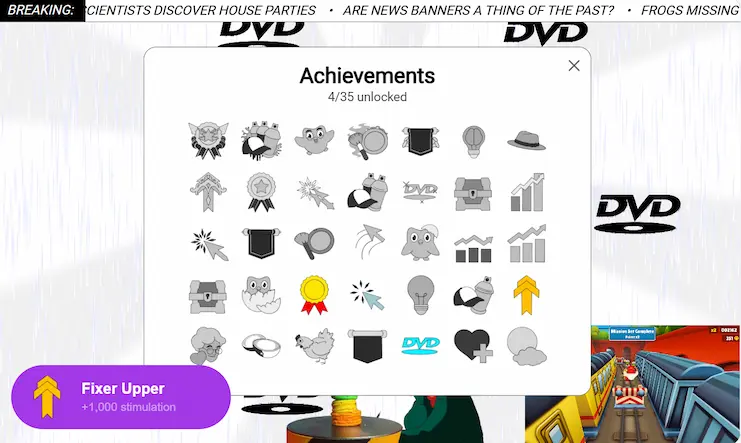 Stimulation Clicker achievements menu showing 4 of 35 achievements unlocked
